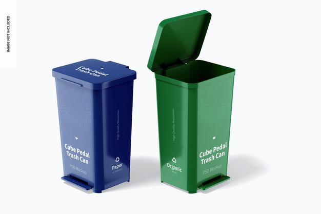 Cube Pedal Trash Cans Mockup, Opened And Closed Psd
