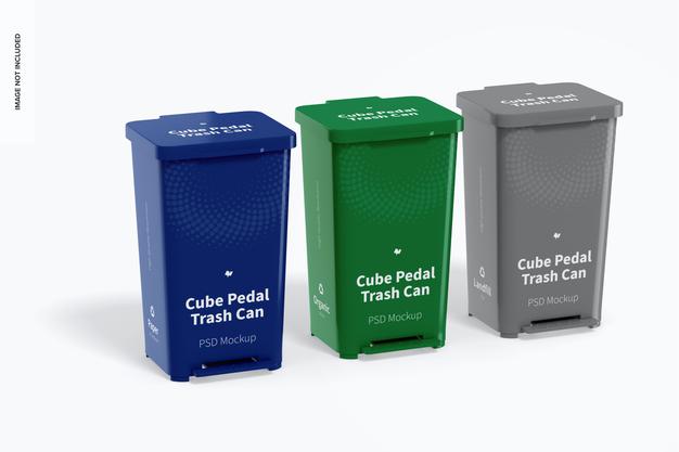 Cube Pedal Trash Cans Set Mockup Psd