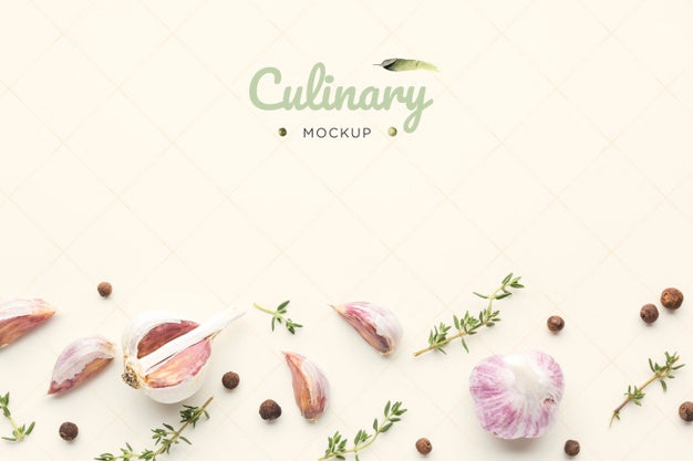 Culinary Garlic Mock-Up With Herbs Psd
