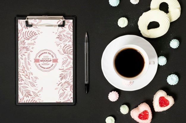 Cup Of Coffee And Candies Clipboard Mock-Up Psd