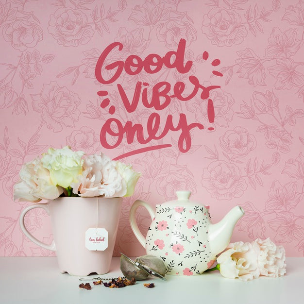 Cups And Flowers With Motivational Quote Psd