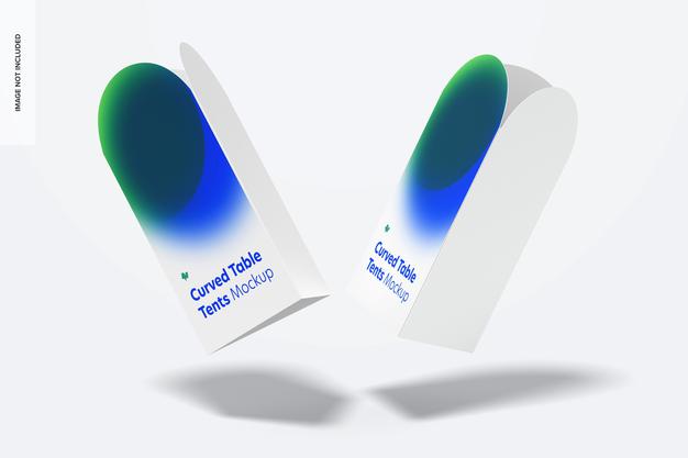 Curved Top Table Tents Mockup, Falling Psd