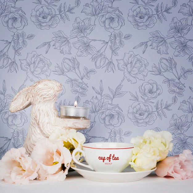 Cute Arrangement With Cup Of Tea And Flowers Psd