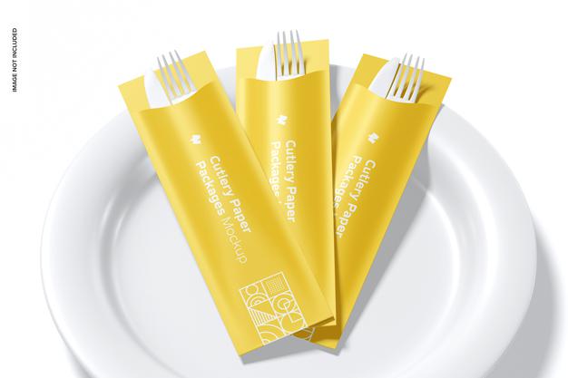 Cutlery Paper Packages Mockup With Plate Psd