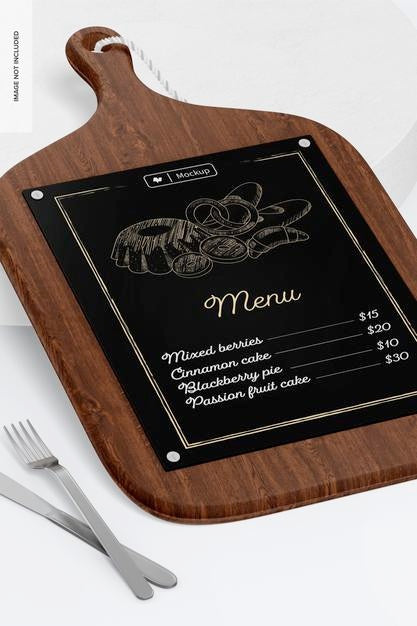 Cutting Board Menu Mockup, Close Up Psd