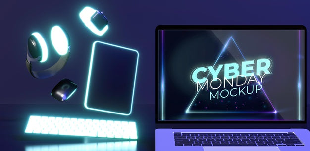 Cyber Monday Arrangement With Laptop Mock-Up Psd
