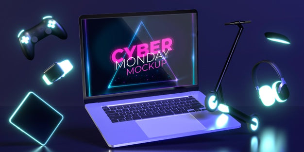Cyber Monday Assortment With New Laptop Mock-Up Psd
