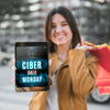 Cyber Monday Mockup With Woman Holding Tablet Psd