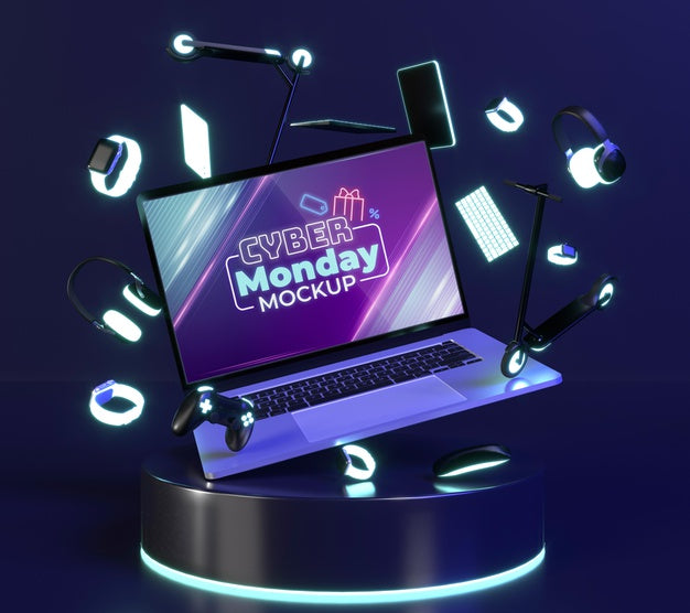 Cyber Monday Sale Arrangement With Laptop Mock-Up Psd