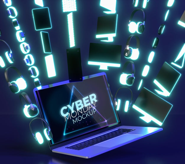 Cyber Monday Sale Arrangement With New Laptop Mock-Up Psd