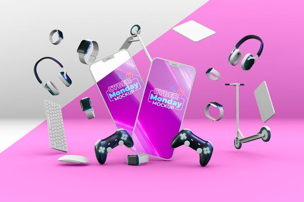 Cyber Monday Sale Arrangement With Phones Mock-Up Psd