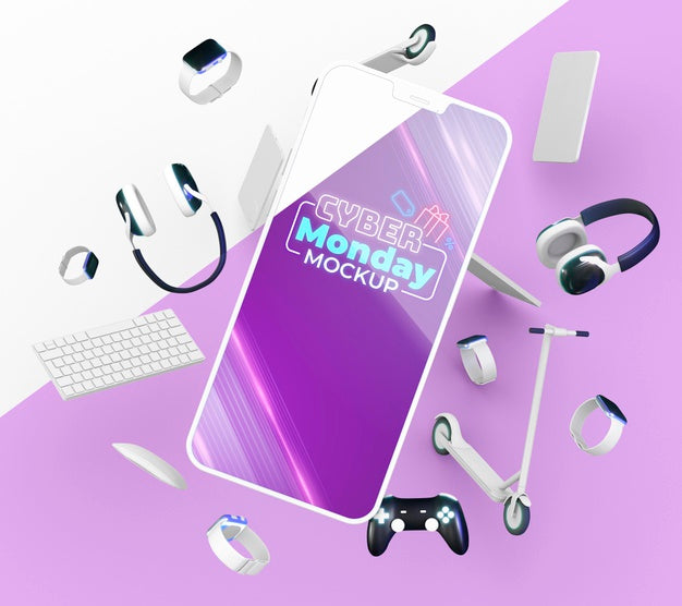 Cyber Monday Sale Arrangement With Smart Phone Mock-Up Psd
