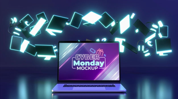 Cyber Monday Sale Assortment With Laptop Mock-Up Psd