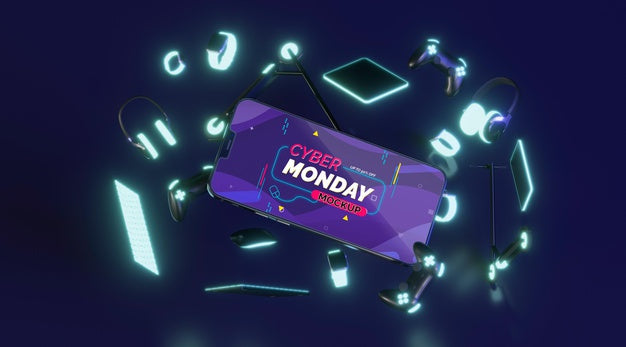 Cyber Monday Sale Assortment With Mobile Phone Mock-Up Psd