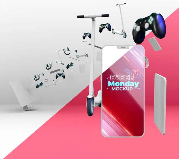 Cyber Monday Sale Assortment With Smart Phone Mock-Up Psd
