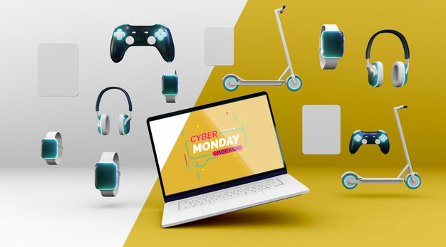 Cyber Monday Sale Composition With New Laptop Mock-Up Psd