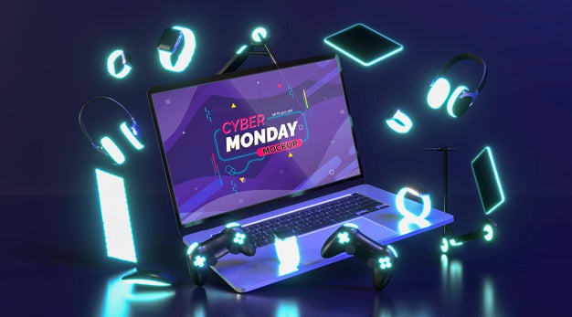 Cyber Monday Sale Mock-Up With New Laptop Psd