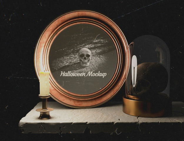 Dark Decor With Halloween Round Frame And Skull Psd