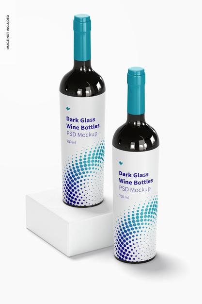 Dark Glass Wine Bottles Mockup, Perspective Psd