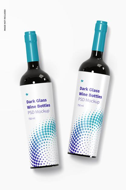 Dark Glass Wine Bottles Mockup, Top View Psd