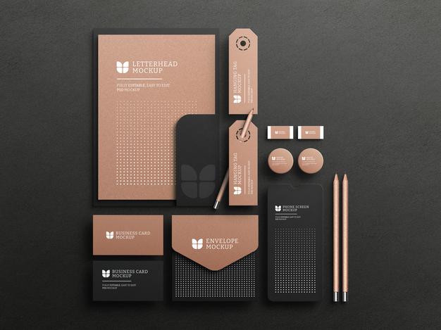 Dark Stationery Set With Kraft Paper Mockup Psd