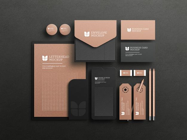 Dark Stationery Set With Kraft Paper Mockup Psd