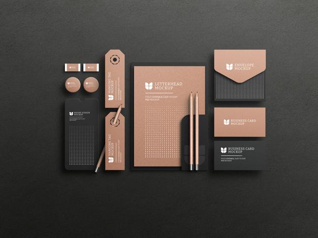 Dark Stationery Set With Kraft Paper Mockup Psd