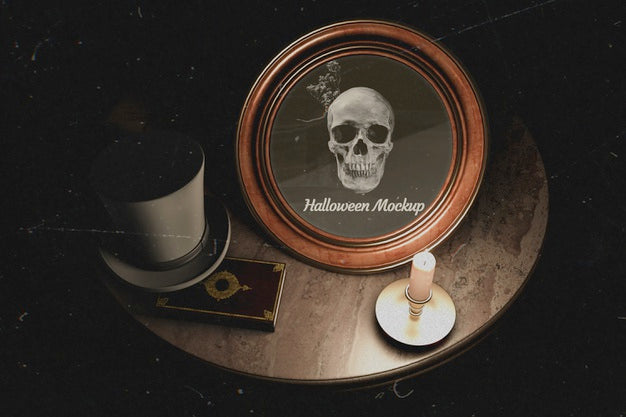 Dark Table Design Of Halloween Round Frame With Skull Psd