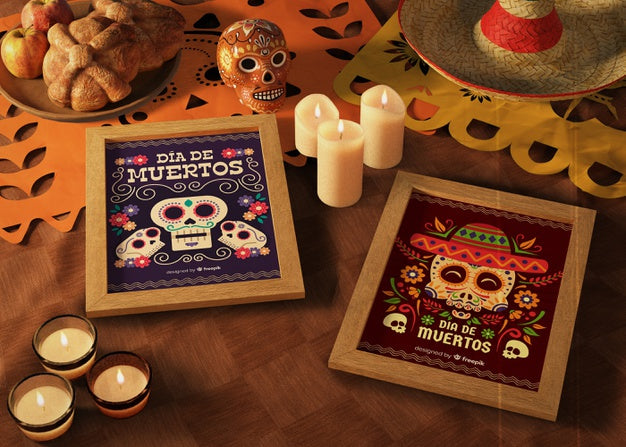 Day Of Dead Traditional Mexican Mock-Ups With Candles Psd