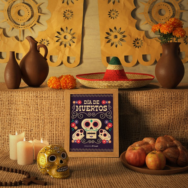 Day Of The Dead Traditional Mexican Sombrero And Floral Skull Mock-Ups Psd