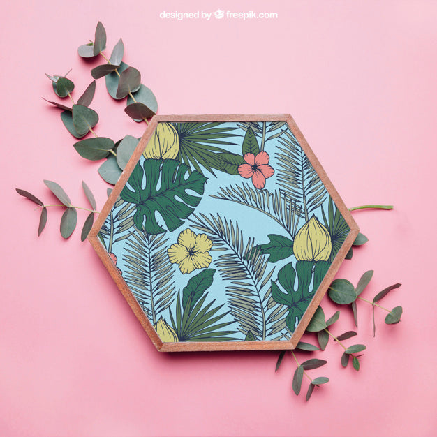 Decorative Botanical Mockup With Close Up Of Hexagonal Frame Psd