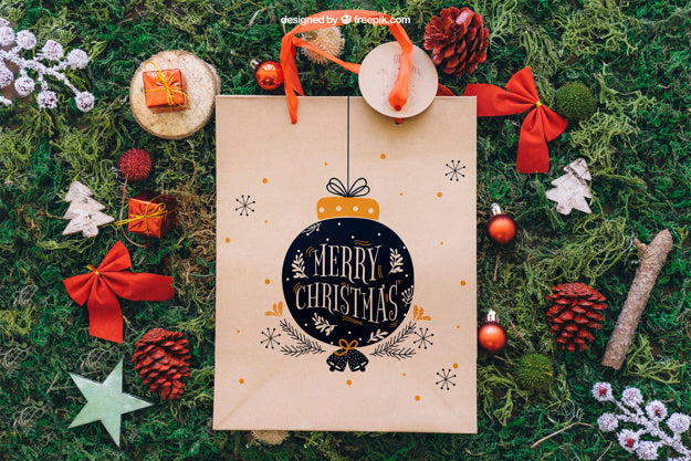 Decorative Christmas Mockup With Shopping Bag Psd