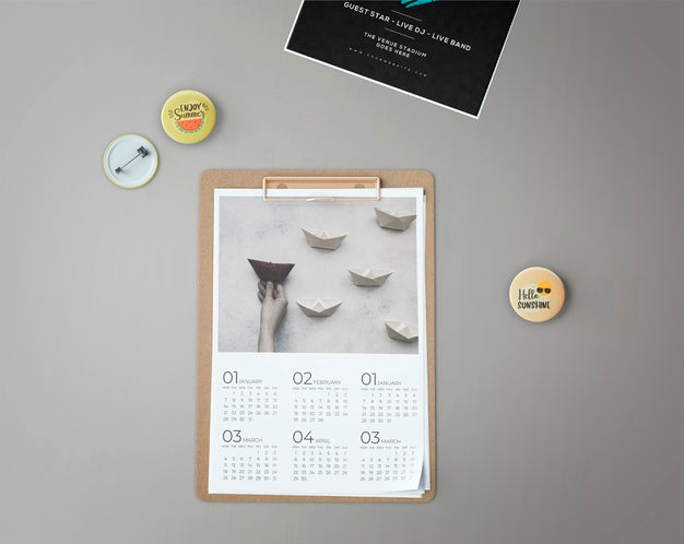 Decorative Flat Lay Calendar Mockup Psd