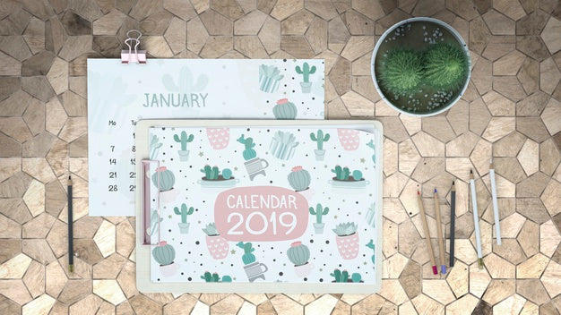 Decorative Flat Lay Calendar Mockup Psd