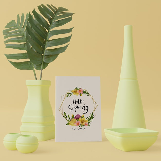 Decorative Vases In 3D Concept With Spring Card Mock-Up Psd