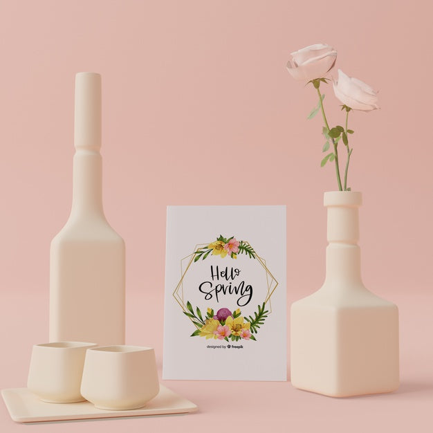 Decorative Vases In 3D Concept With Spring Card Psd