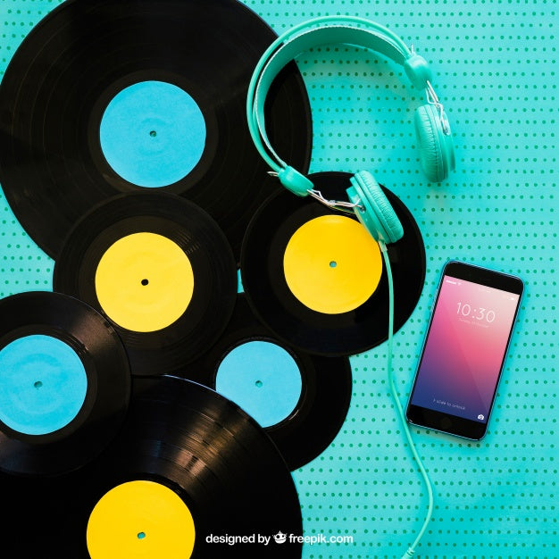 Decorative Vinyl Mockup With Smartphone Psd