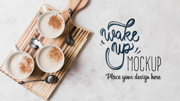 Delicious Coffee With Milk On Cutting Board Mock-Up Psd