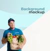 Delivery Man Holding A Bag Of Groceries With Background Mock-Up Psd