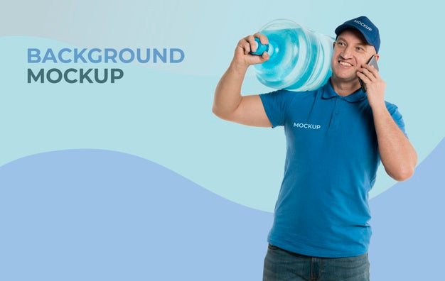 Delivery Man Holding A Big Bottle Of Water While Talking On The Phone Psd