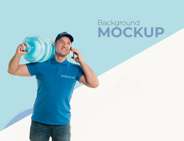 Delivery Man Holding A Big Bottle Of Water With Background Mock-Up Psd