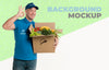 Delivery Man Holding A Box Full Of Vegetables Mock-Up Psd