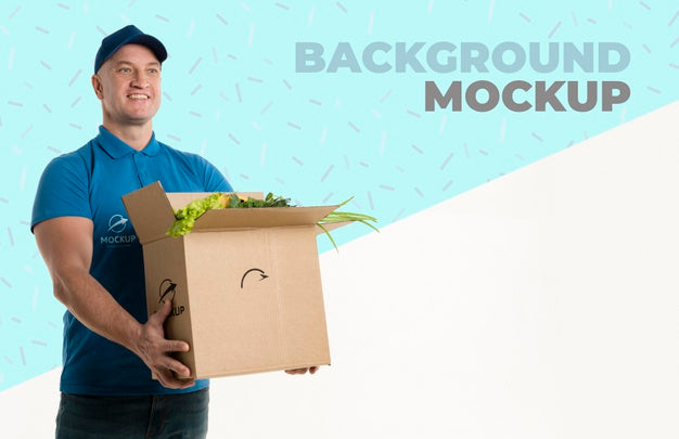 Delivery Man Holding A Box Full Of Vegetables Psd