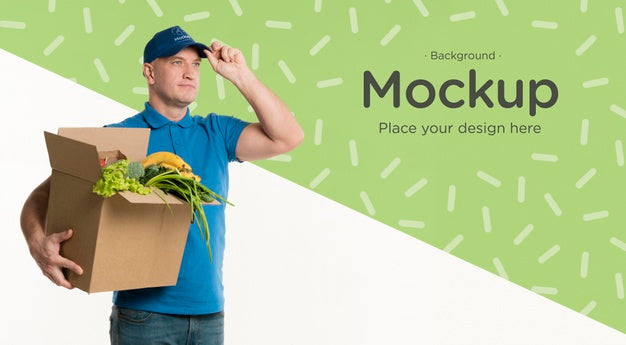 Delivery Man Holding A Box Of Vegetables Psd