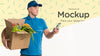 Delivery Man Holding A Box Of Vegetables With Background Mock-Up Psd