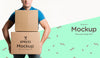 Delivery Man Holding A Bunch Of Boxes Mock-Up Psd
