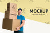Delivery Man Holding A Bunch Of Boxes Psd