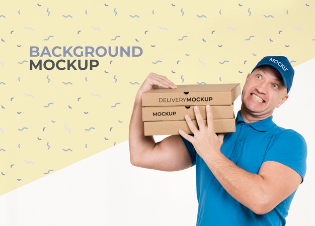 Delivery Man Holding A Bunch Of Pizza Boxes With Background Mock-Up Psd