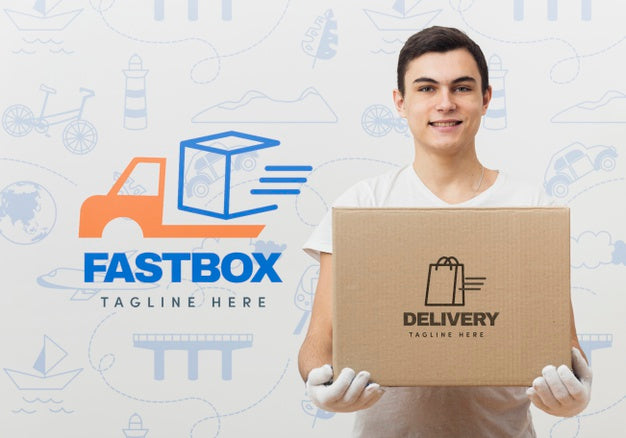 Delivery Man Holding Box Mock-Up Psd