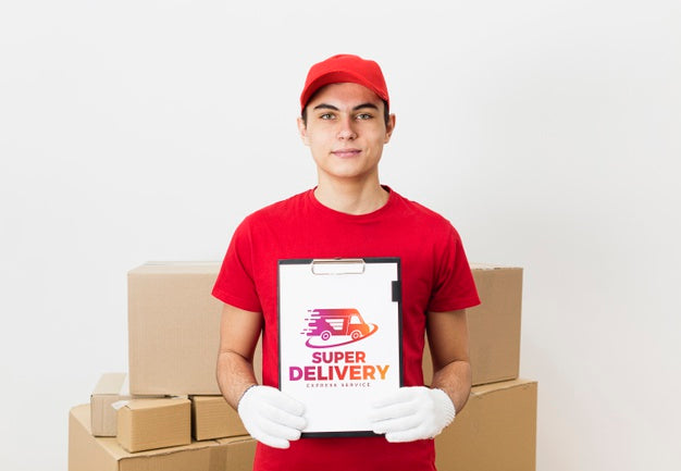Delivery Man Holding Clipboard Near Parcels Mock-Up Psd